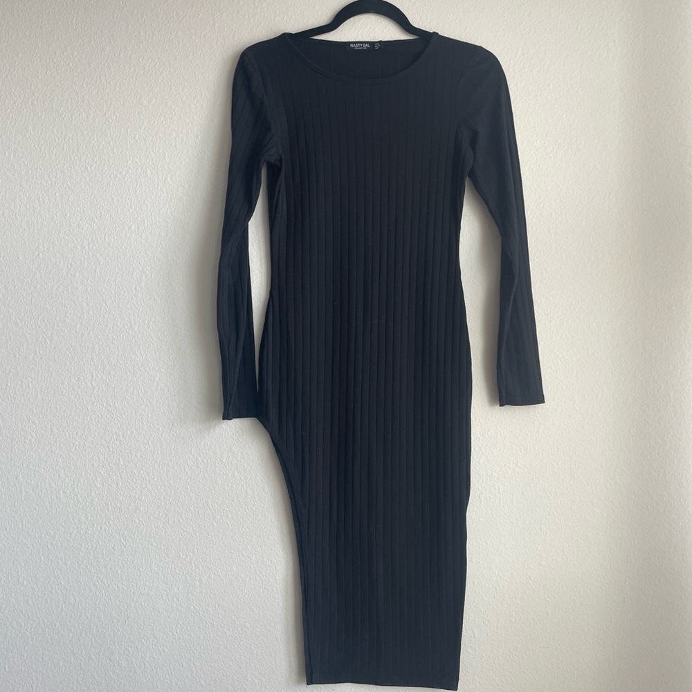 Nasty Gal Black Ribbed Long Sleeve Dress